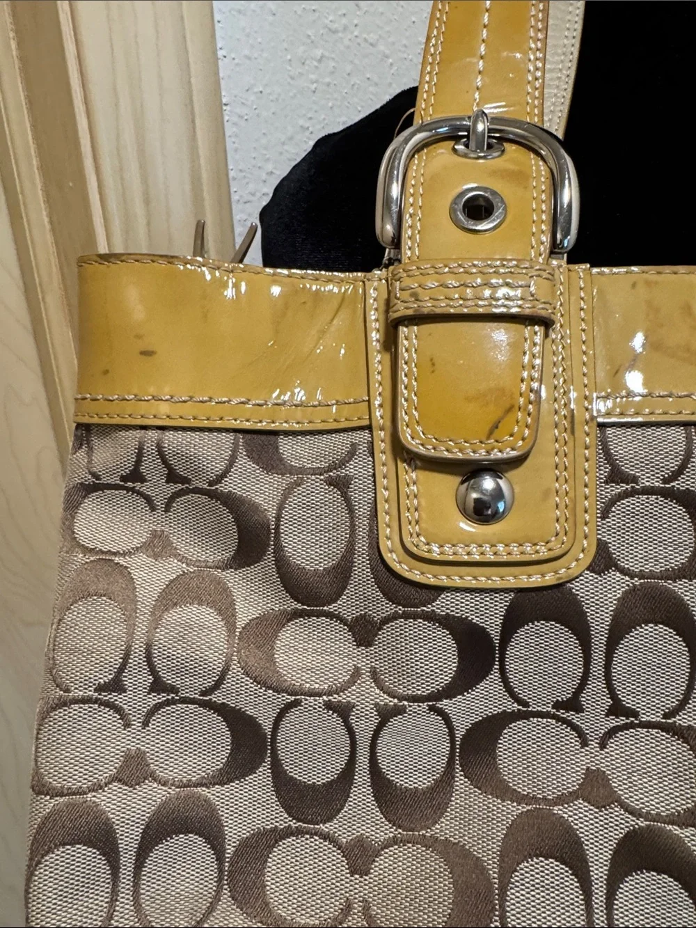 Coach Brown Signature Tote with Yellow Patent Trim
